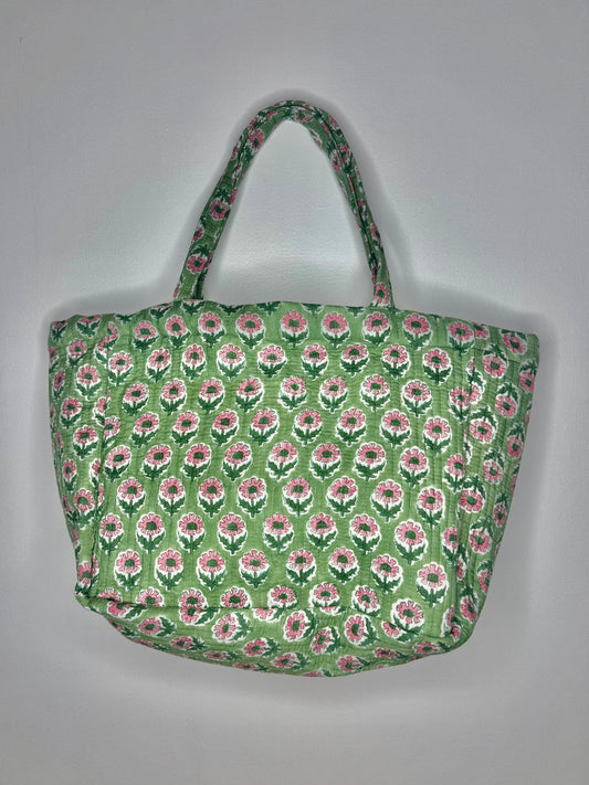 Floral patterned tote bag on a gray background